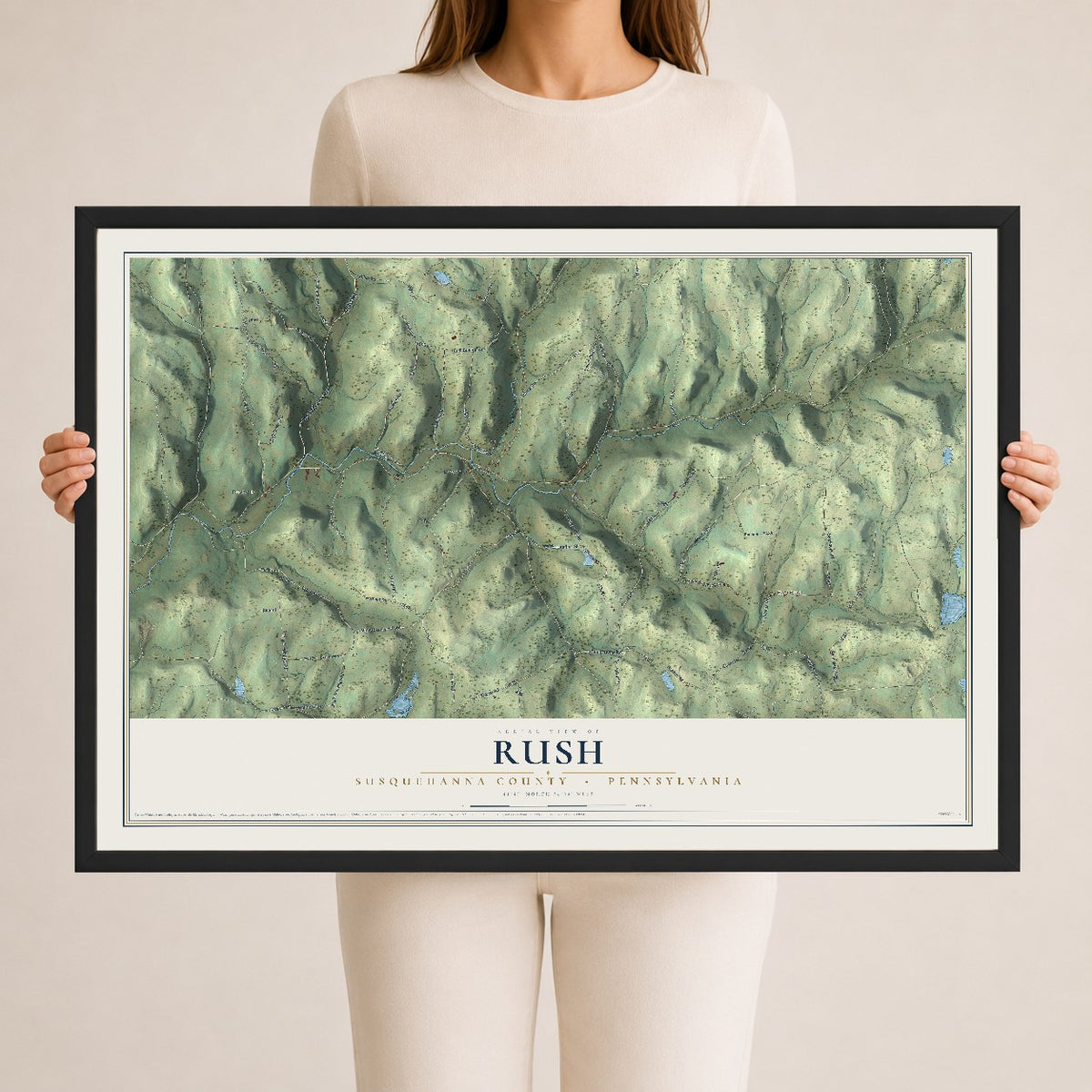 Map of Rush, Susquehanna County, Pennsylvania, 24 x 36 inch print in a black wood frame