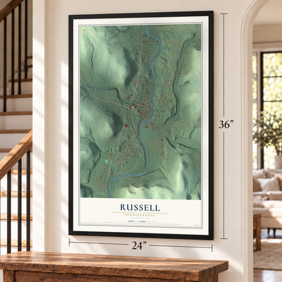 Russell, Pennsylvania map, 24 x 36 inch print in a black frame by a staircase