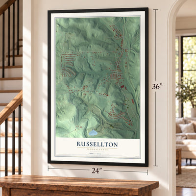 Russellton, Pennsylvania map, 24 x 36 inch print in a black frame by a staircase