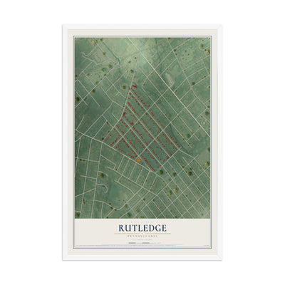 Map of Rutledge, Pennsylvania, 12 x 18 inch print in a white wood frame