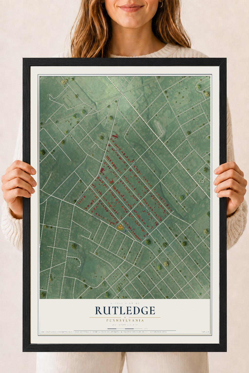 Map of Rutledge, Pennsylvania, 18 x 24 inch print in a black wood frame