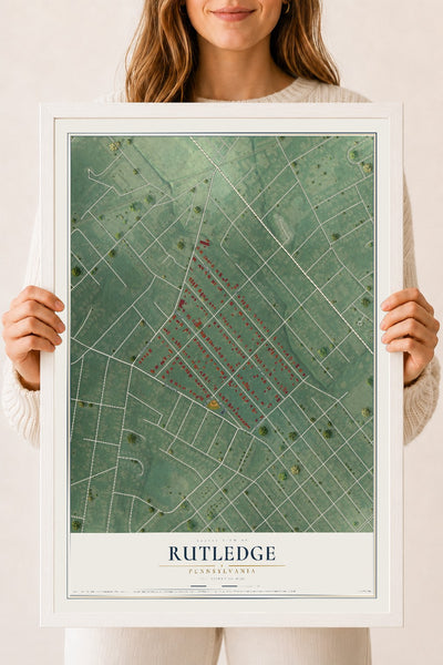 Map of Rutledge, Pennsylvania, 18 x 24 inch print in a white wood frame