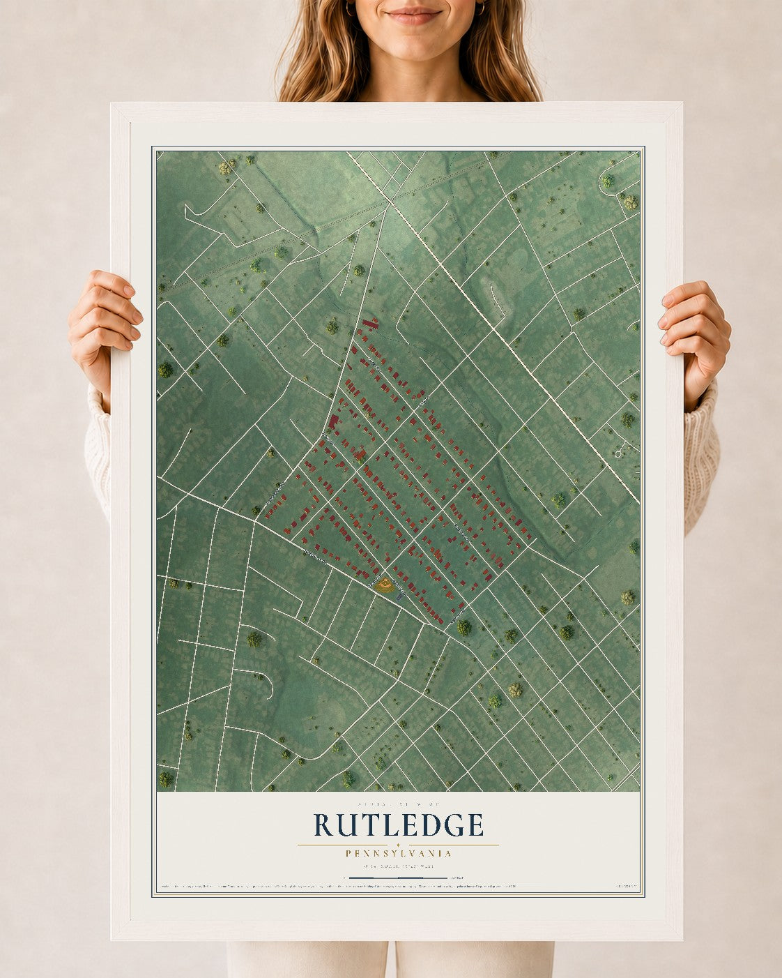 Map of Rutledge, Pennsylvania, 24 x 36 inch print in a white wood frame