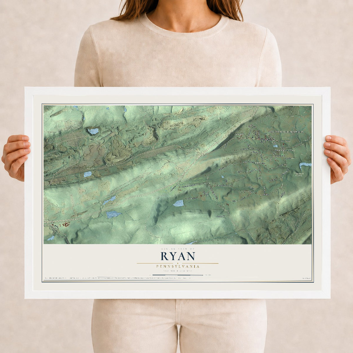 Map of Ryan, Pennsylvania, 12 x 18 inch print in a white wood frame