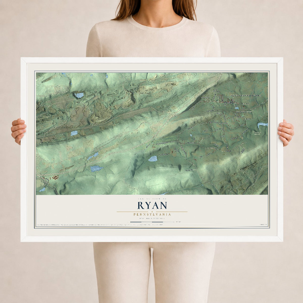 Map of Ryan, Pennsylvania, 24 x 36 inch print in a white wood frame