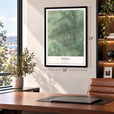 Rydal, Pennsylvania map, 18 x 24 inch print in a black frame in a home office