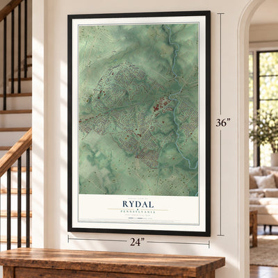 Rydal, Pennsylvania map, 24 x 36 inch print in a black frame by a staircase
