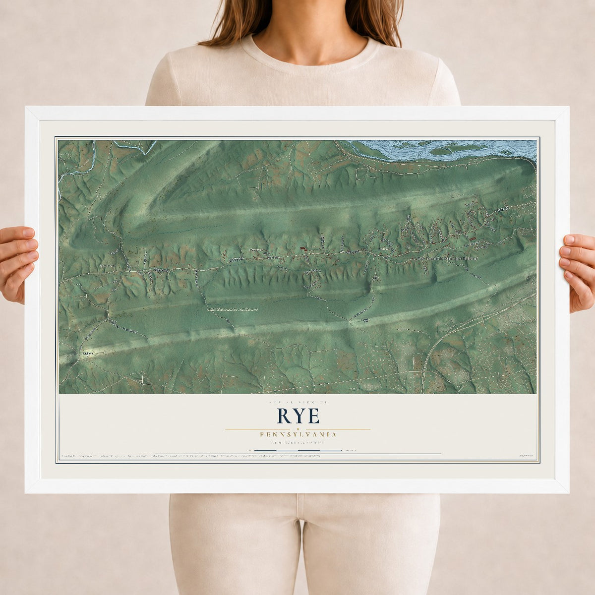 Map of Rye, Pennsylvania, 18 x 24 inch print in a white wood frame