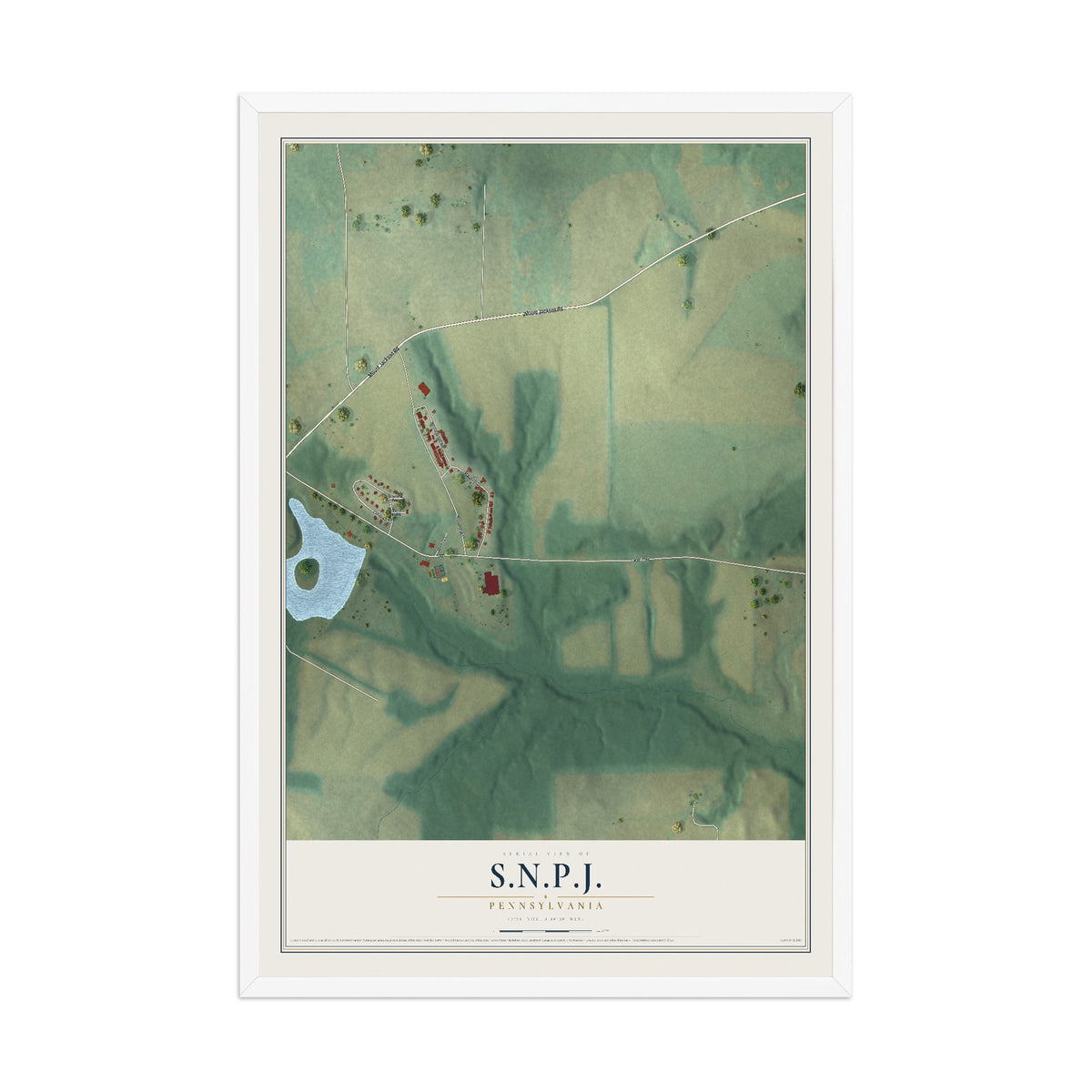 Map of S.N.P.J., Pennsylvania, 12 x 18 inch print in a white wood frame