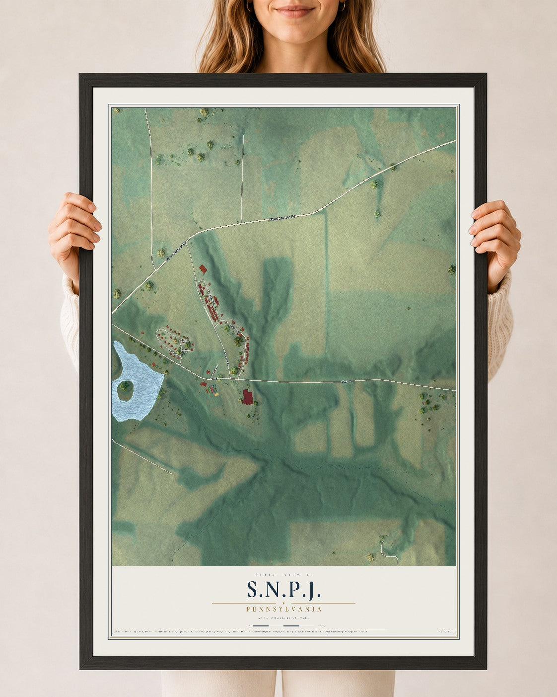 Map of S.N.P.J., Pennsylvania, 24 x 36 inch print in a black wood frame