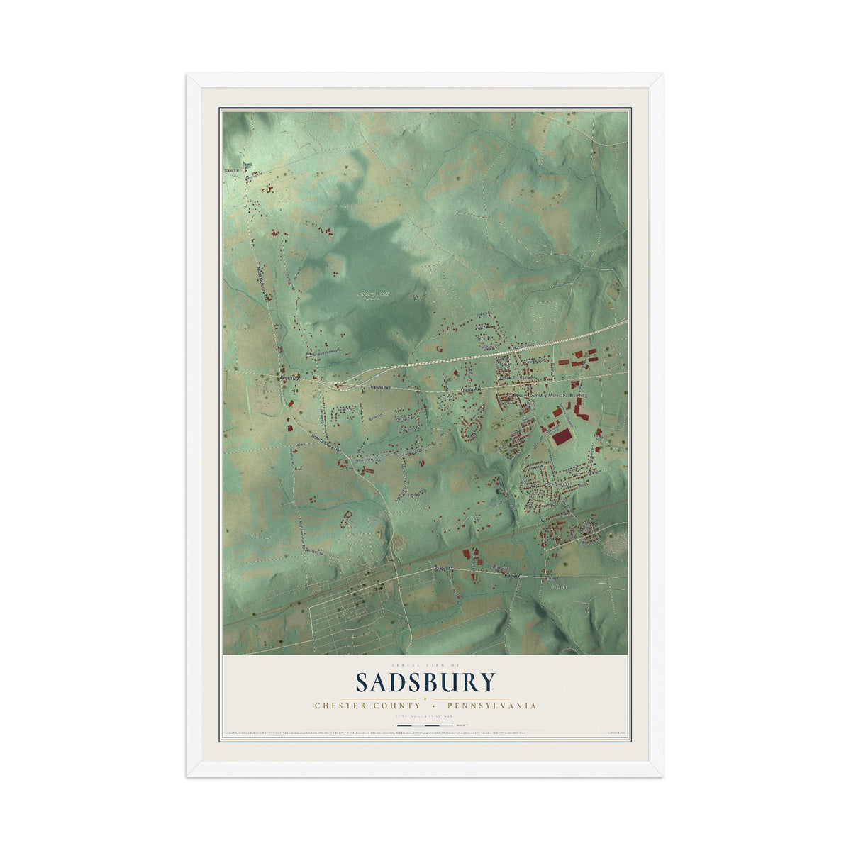 Map of Sadsbury, Chester County, Pennsylvania, 12 x 18 inch print in a white wood frame
