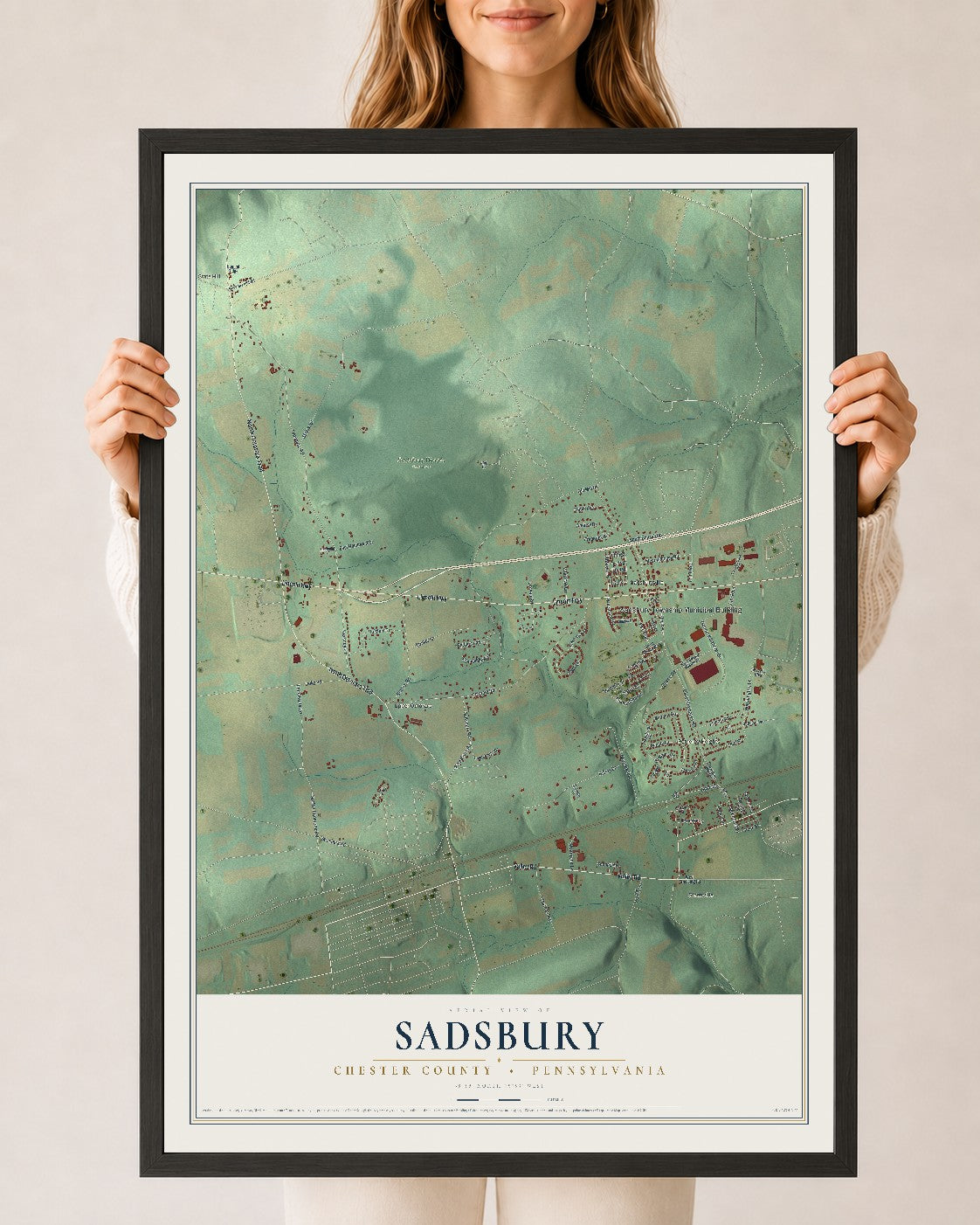 Map of Sadsbury, Chester County, Pennsylvania, 24 x 36 inch print in a black wood frame