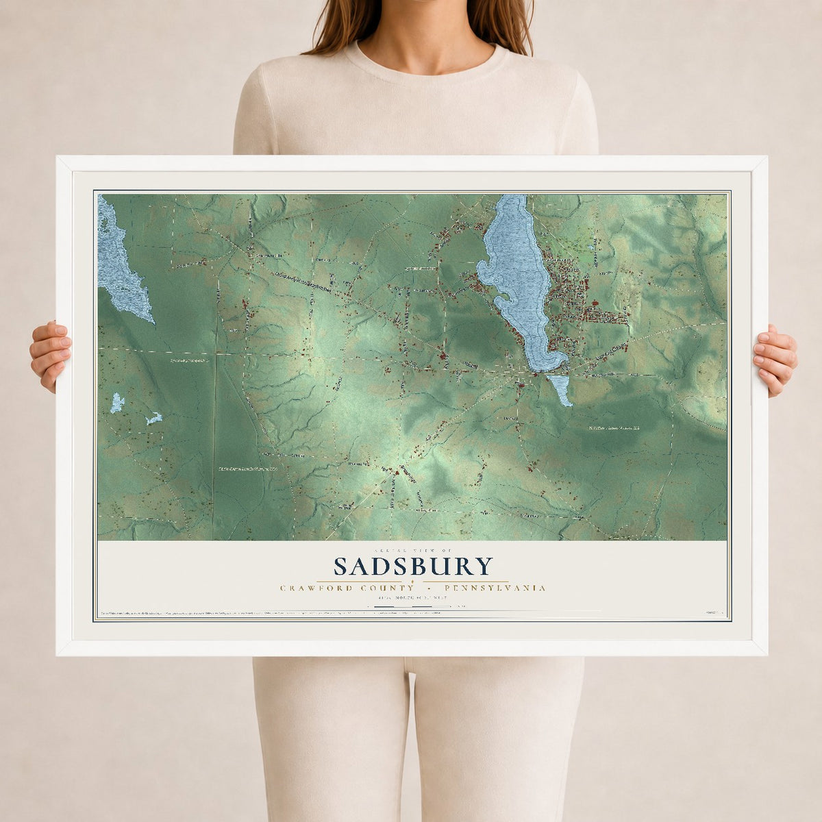 Map of Sadsbury, Crawford County, Pennsylvania, 24 x 36 inch print in a white wood frame