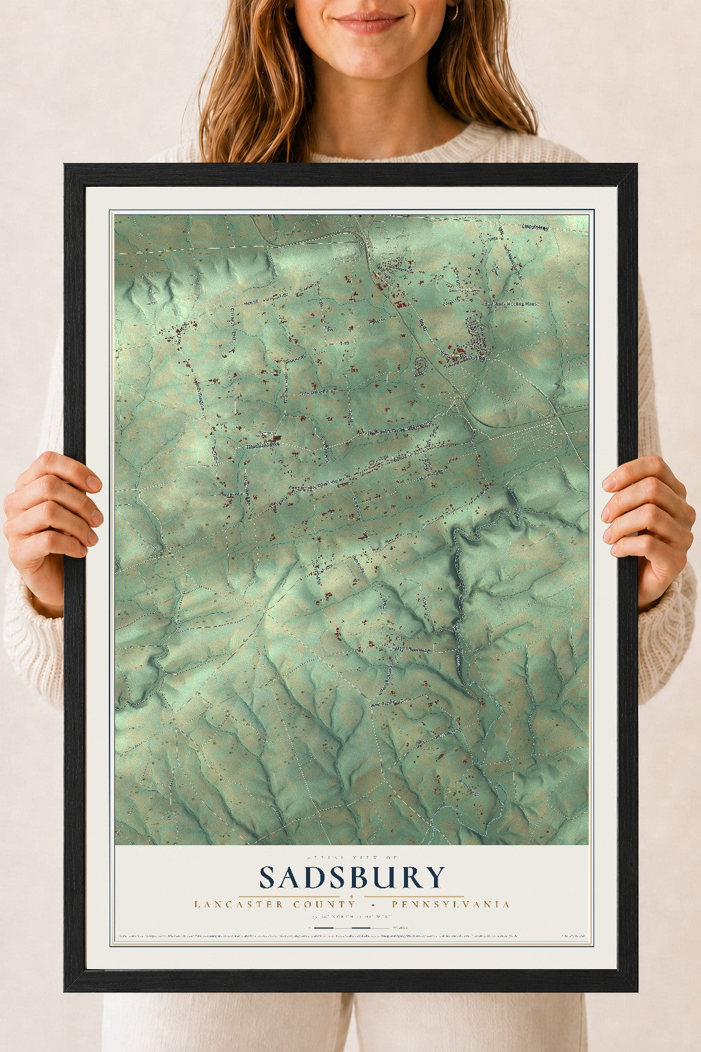 Map of Sadsbury, Lancaster County, Pennsylvania, 18 x 24 inch print in a black wood frame