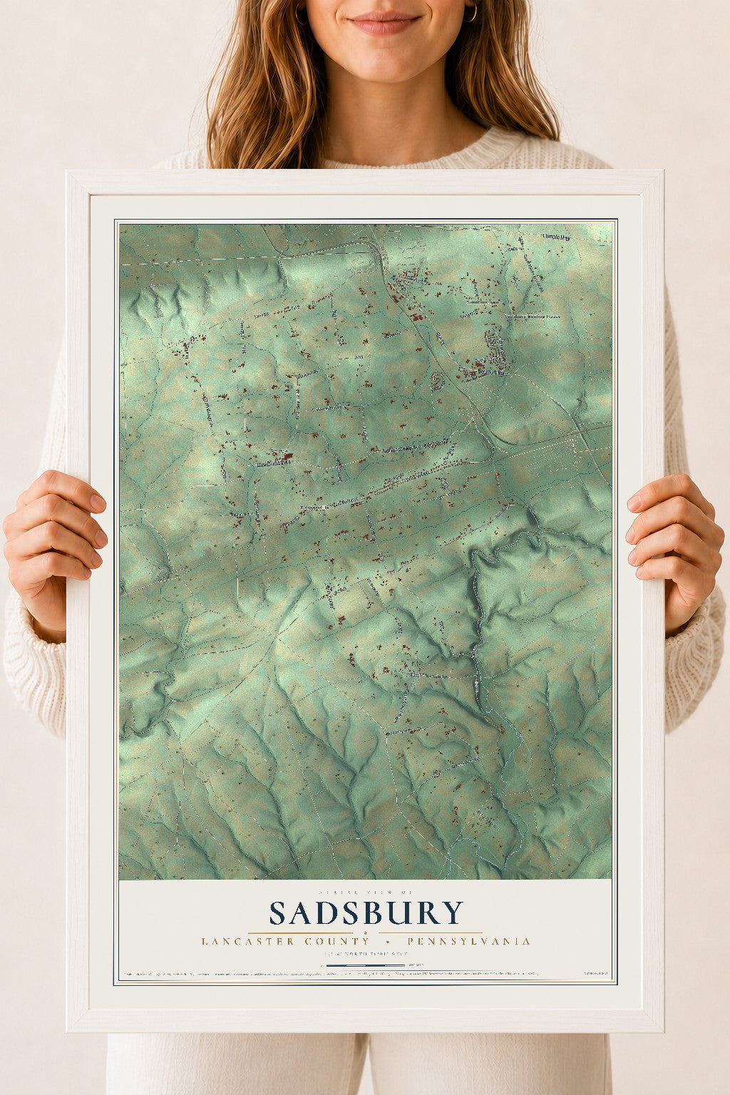 Map of Sadsbury, Lancaster County, Pennsylvania, 18 x 24 inch print in a white wood frame