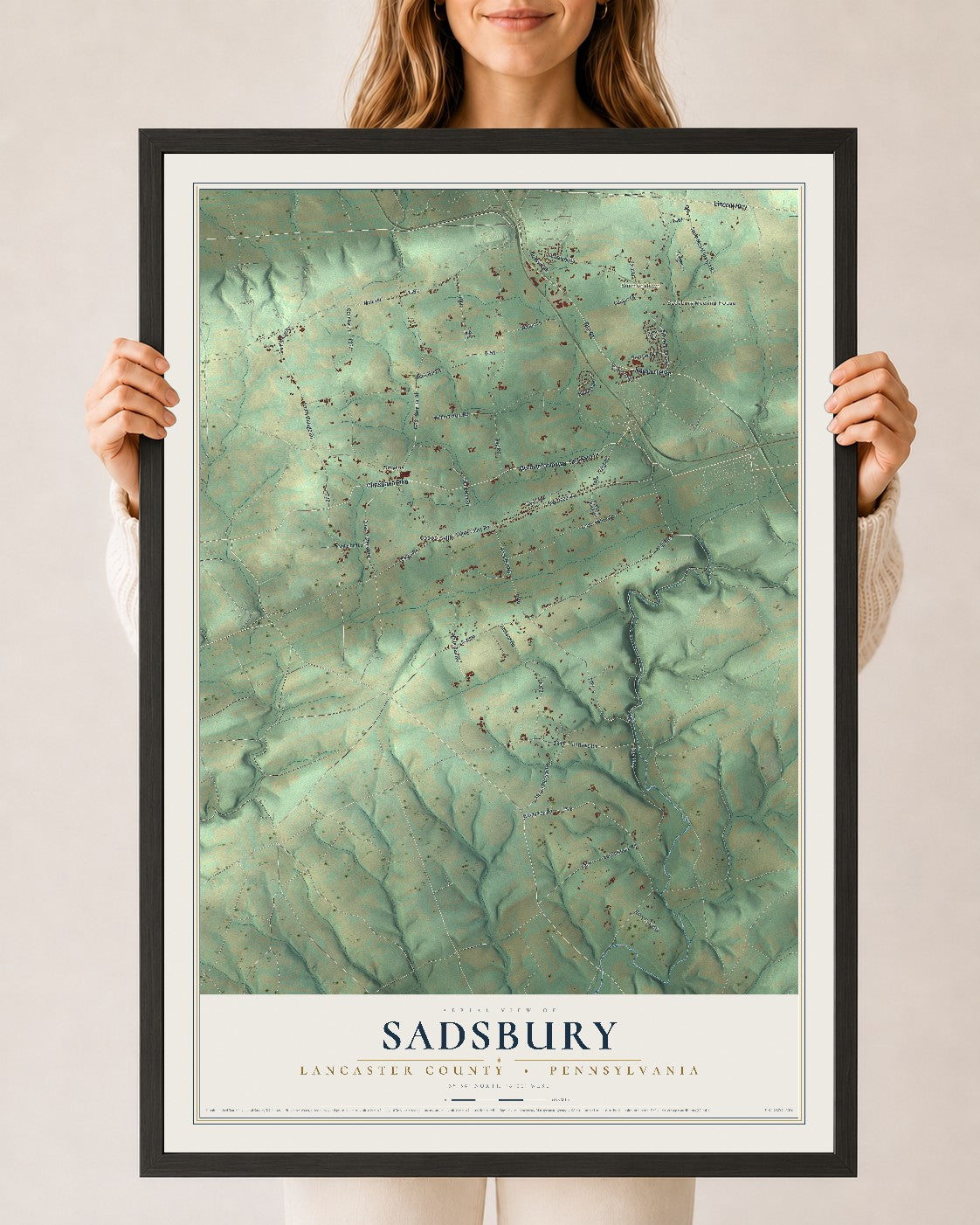 Map of Sadsbury, Lancaster County, Pennsylvania, 24 x 36 inch print in a black wood frame