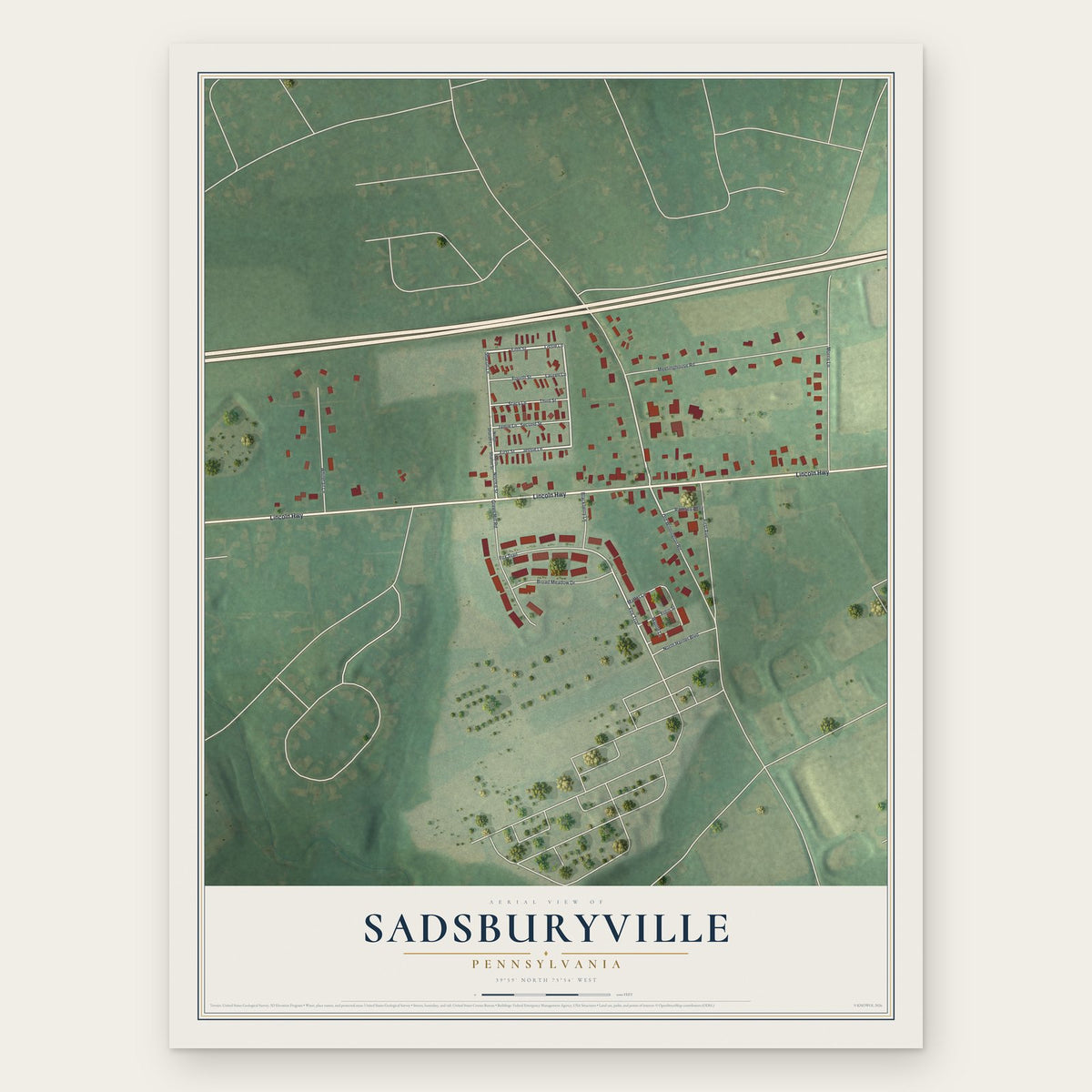Sadsburyville, Pennsylvania map print, the full design
