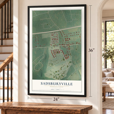 Sadsburyville, Pennsylvania map, 24 x 36 inch print in a black frame by a staircase