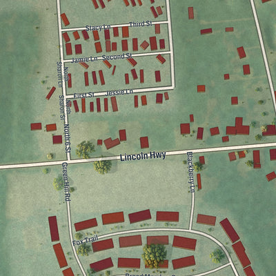 Close-up of the map of Sadsburyville, Pennsylvania print showing street and building detail