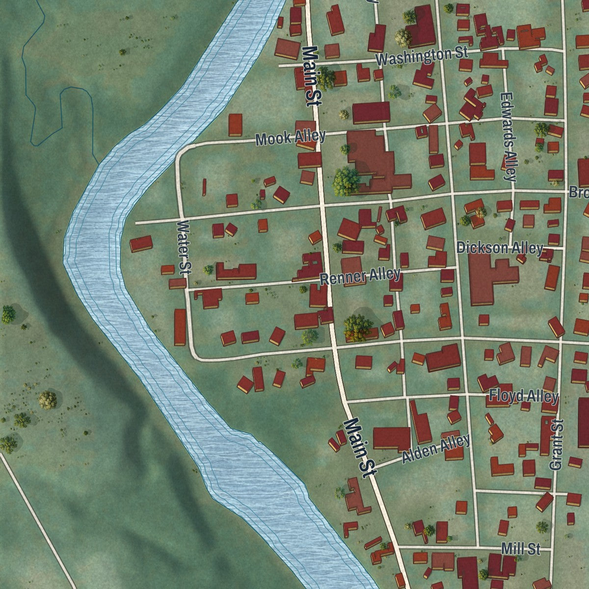 Close-up of the map of Saegertown, Pennsylvania print showing street and building detail