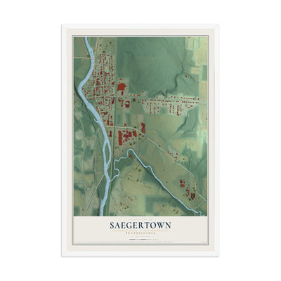 Map of Saegertown, Pennsylvania, 12 x 18 inch print in a white wood frame