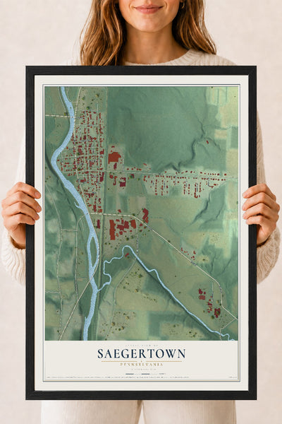 Map of Saegertown, Pennsylvania, 18 x 24 inch print in a black wood frame