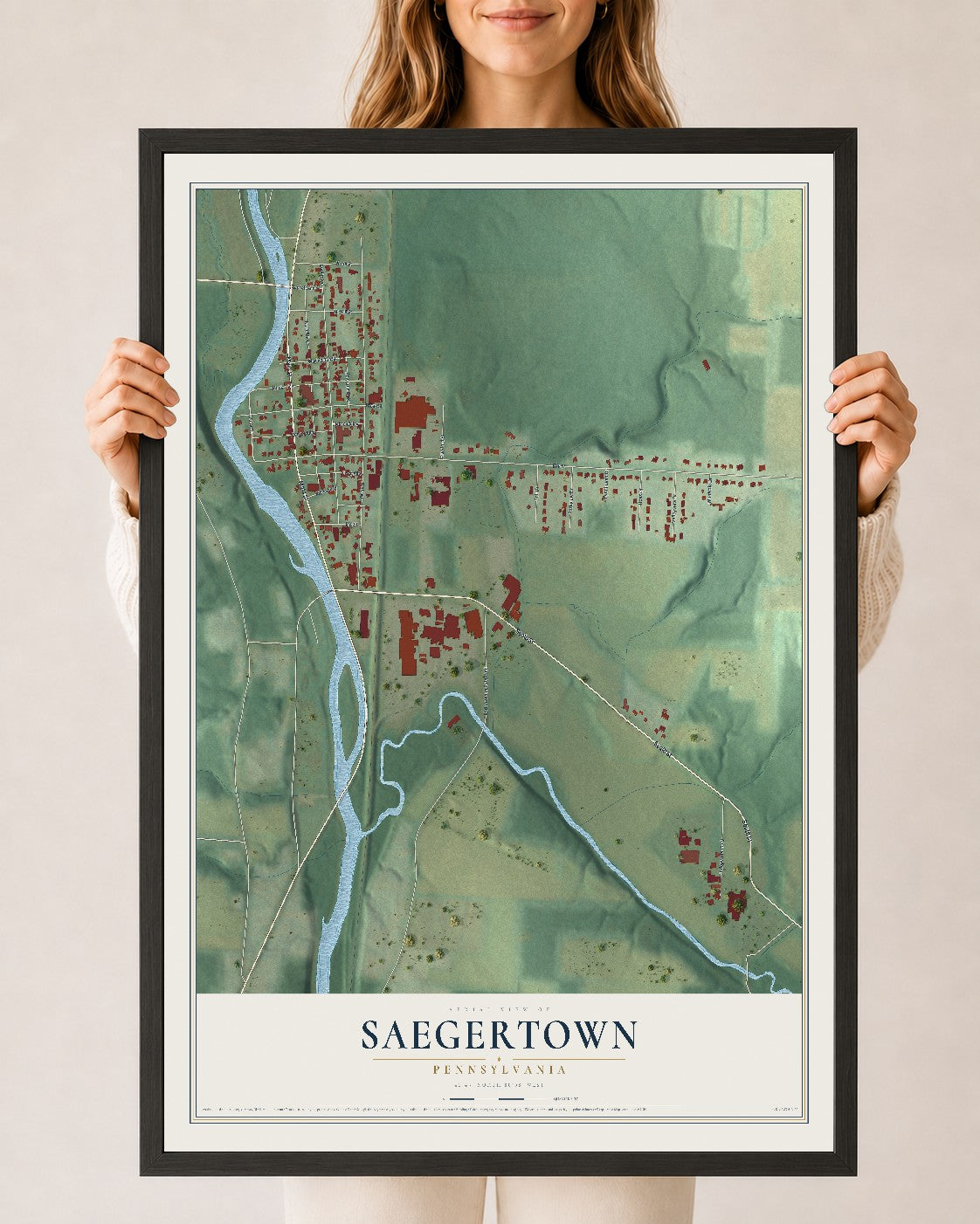 Map of Saegertown, Pennsylvania, 24 x 36 inch print in a black wood frame