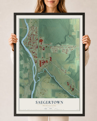 Map of Saegertown, Pennsylvania, 24 x 36 inch print in a black wood frame