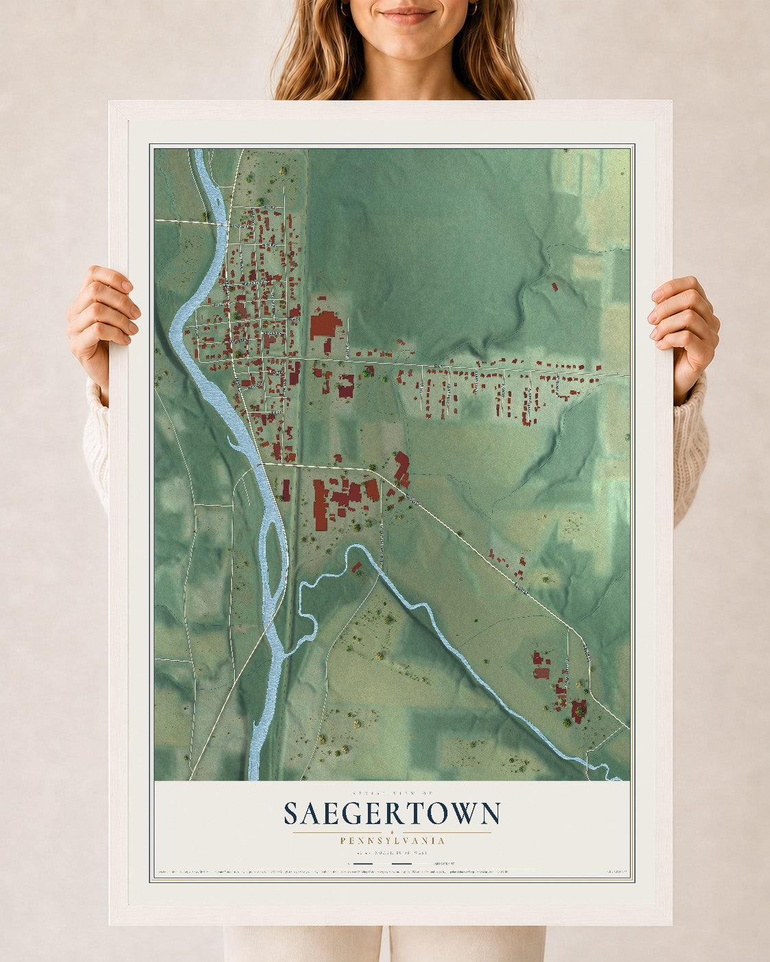 Map of Saegertown, Pennsylvania, 24 x 36 inch print in a white wood frame