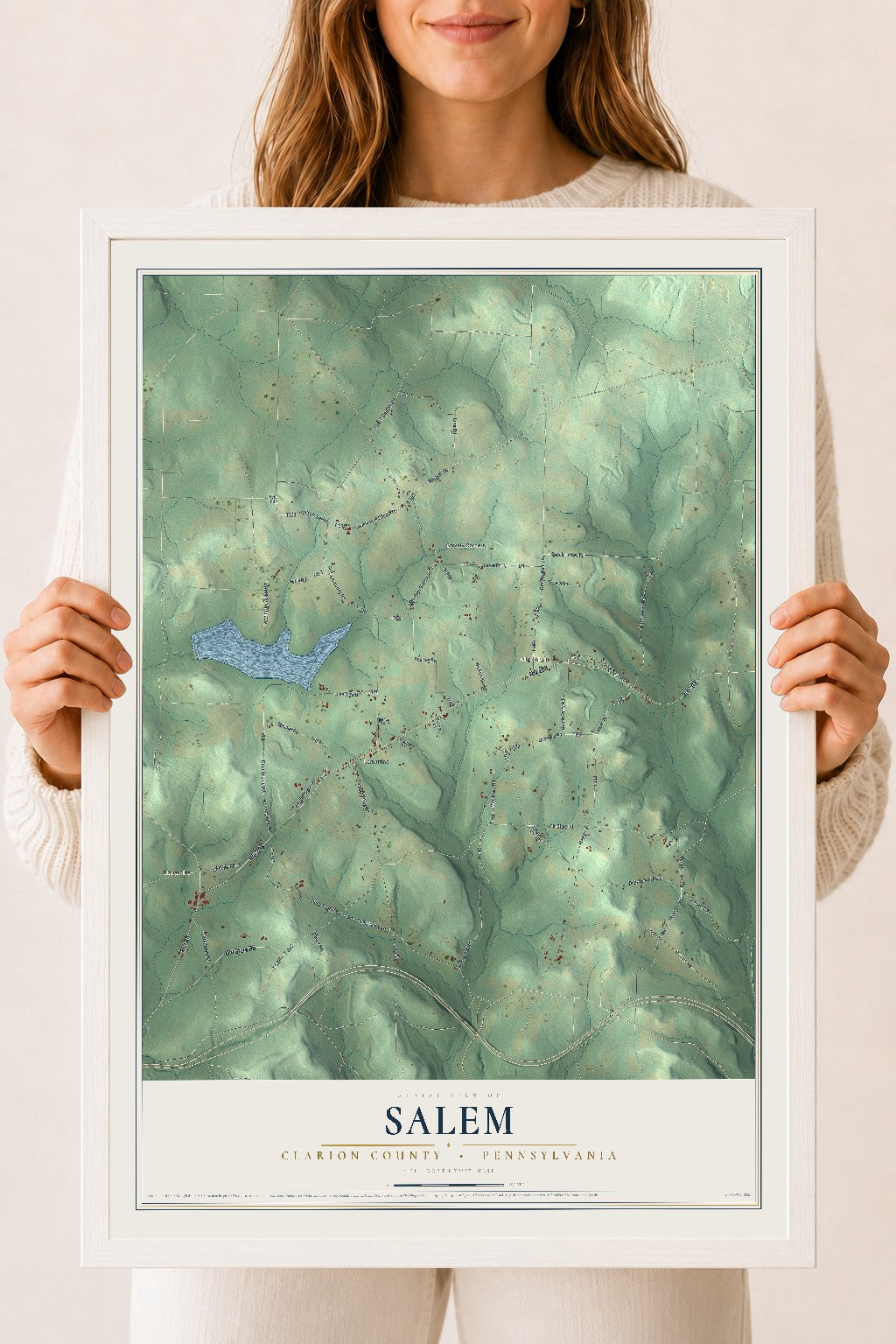 Map of Salem, Clarion County, Pennsylvania, 18 x 24 inch print in a white wood frame
