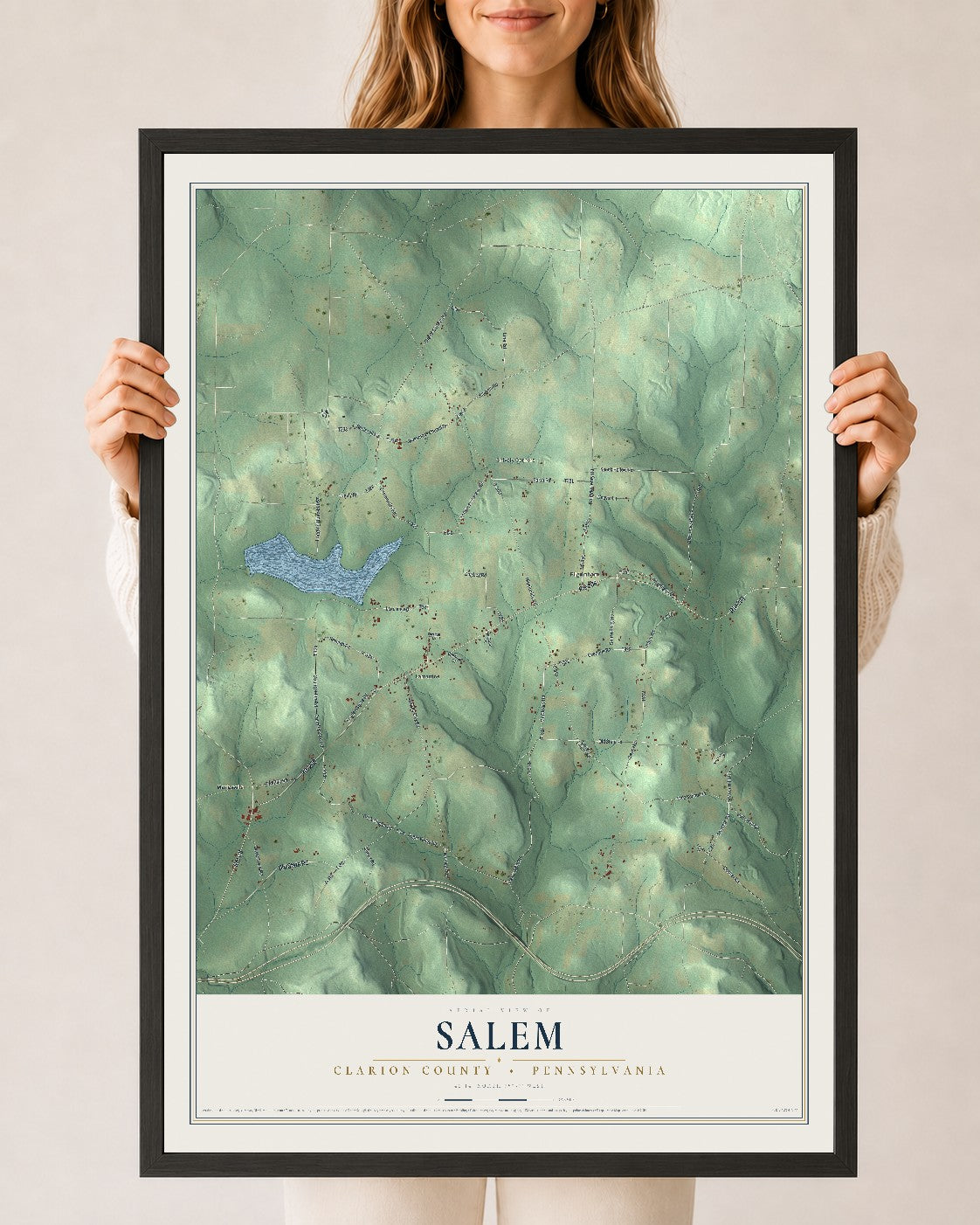 Map of Salem, Clarion County, Pennsylvania, 24 x 36 inch print in a black wood frame