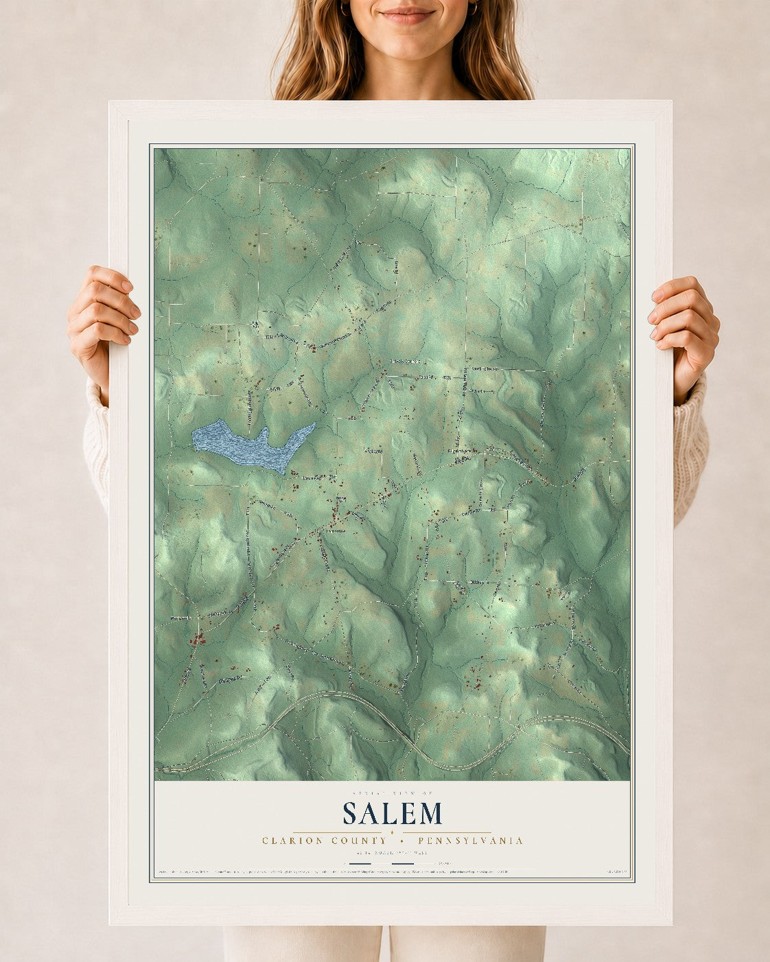 Map of Salem, Clarion County, Pennsylvania, 24 x 36 inch print in a white wood frame