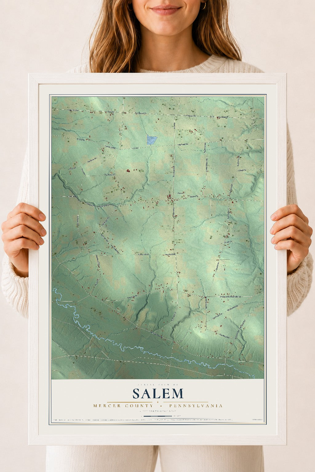 Map of Salem, Mercer County, Pennsylvania, 18 x 24 inch print in a white wood frame