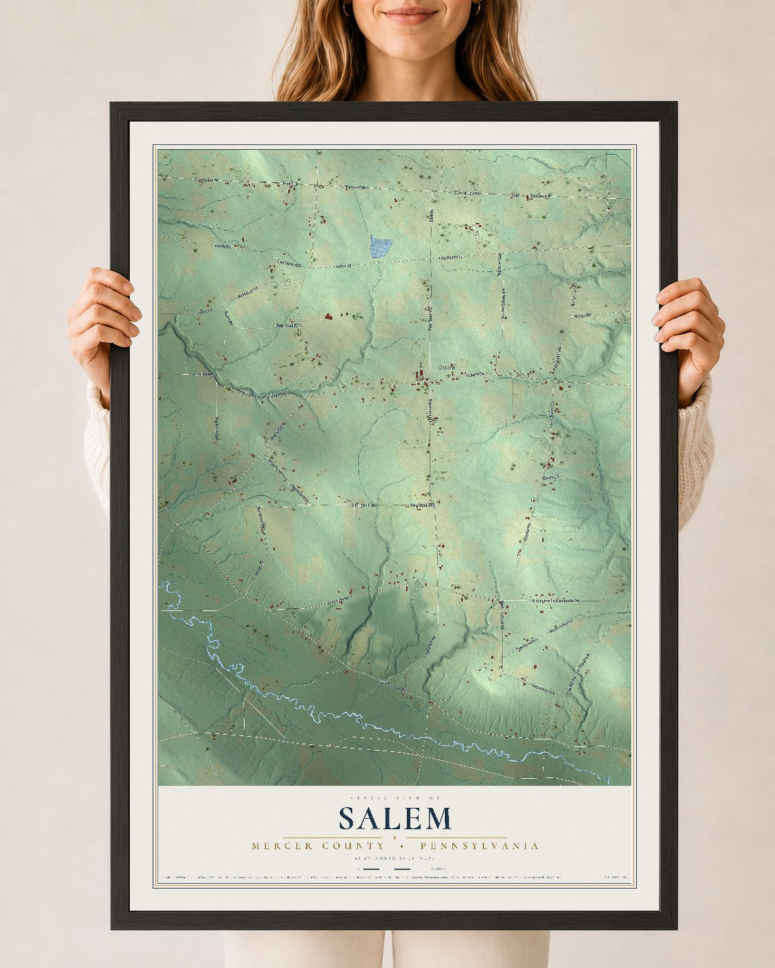 Map of Salem, Mercer County, Pennsylvania, 24 x 36 inch print in a black wood frame