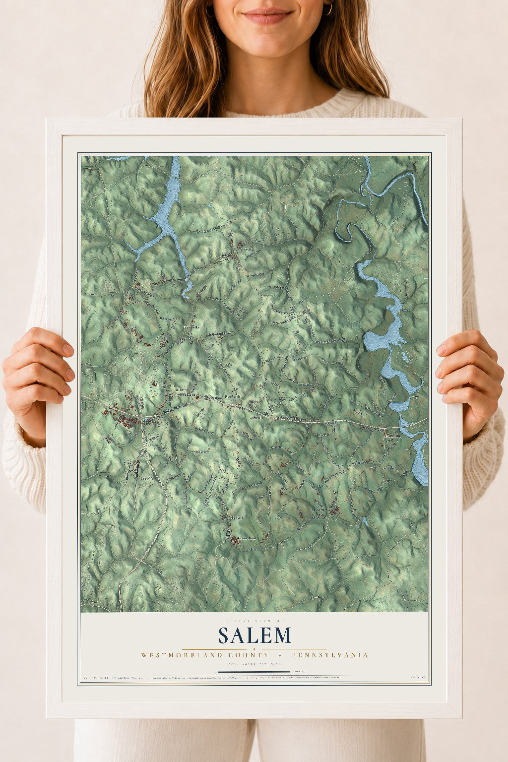 Map of Salem, Westmoreland County, Pennsylvania, 18 x 24 inch print in a white wood frame