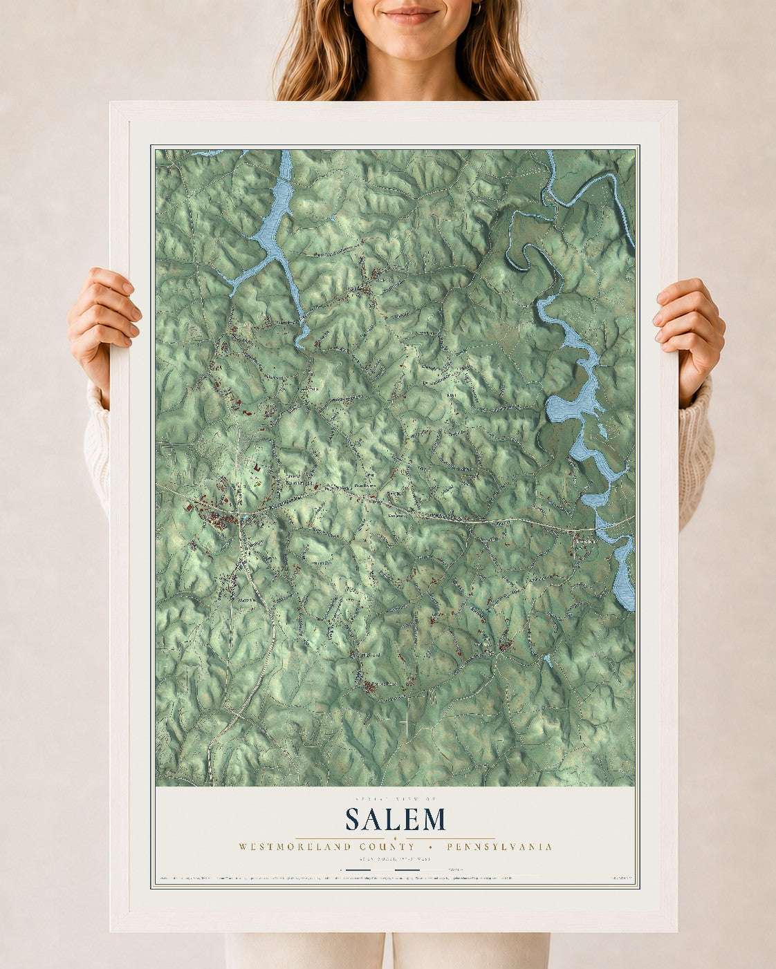 Map of Salem, Westmoreland County, Pennsylvania, 24 x 36 inch print in a white wood frame