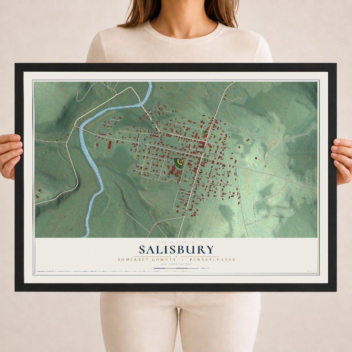 Map of Salisbury, Somerset County, Pennsylvania, 18 x 24 inch print in a black wood frame