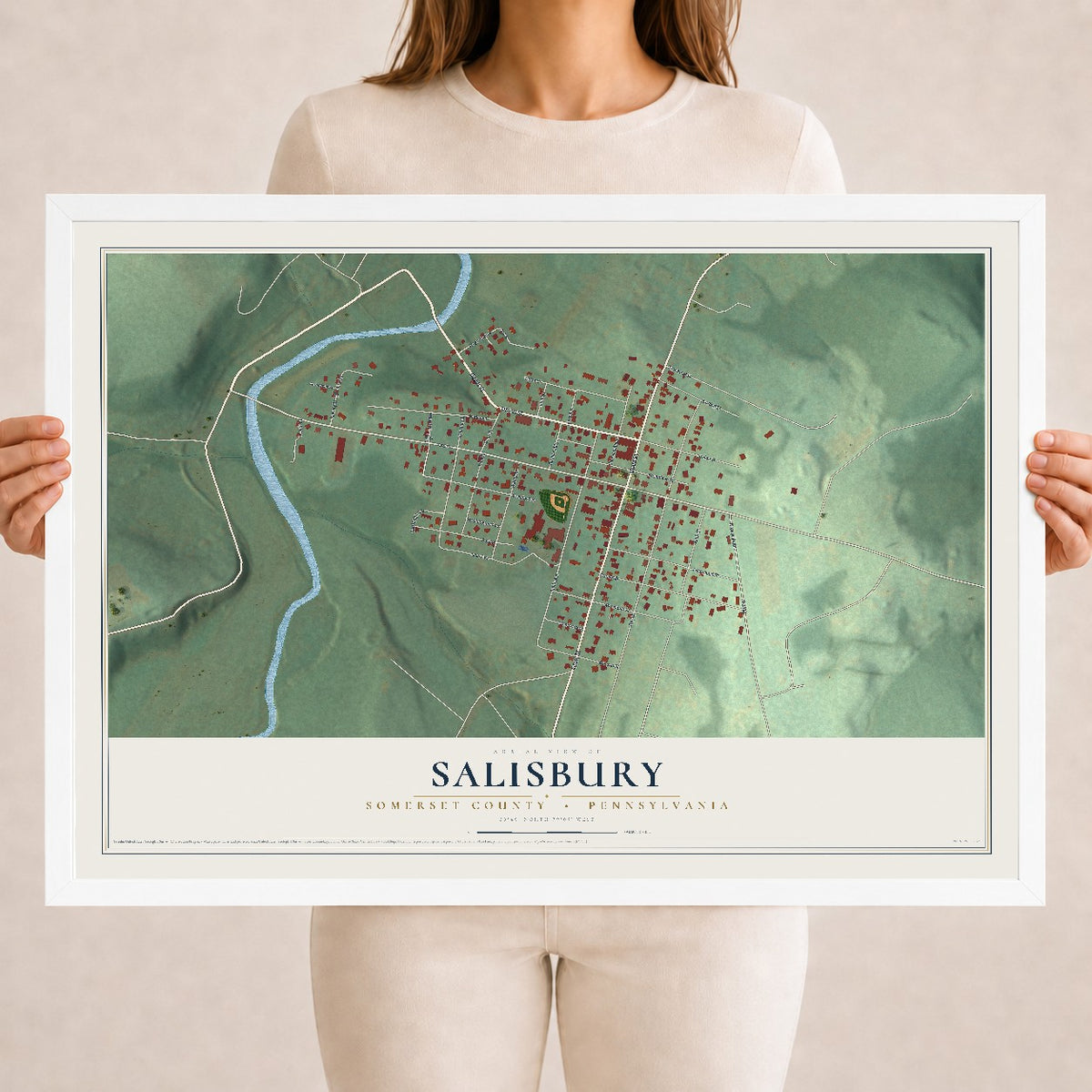 Map of Salisbury, Somerset County, Pennsylvania, 18 x 24 inch print in a white wood frame