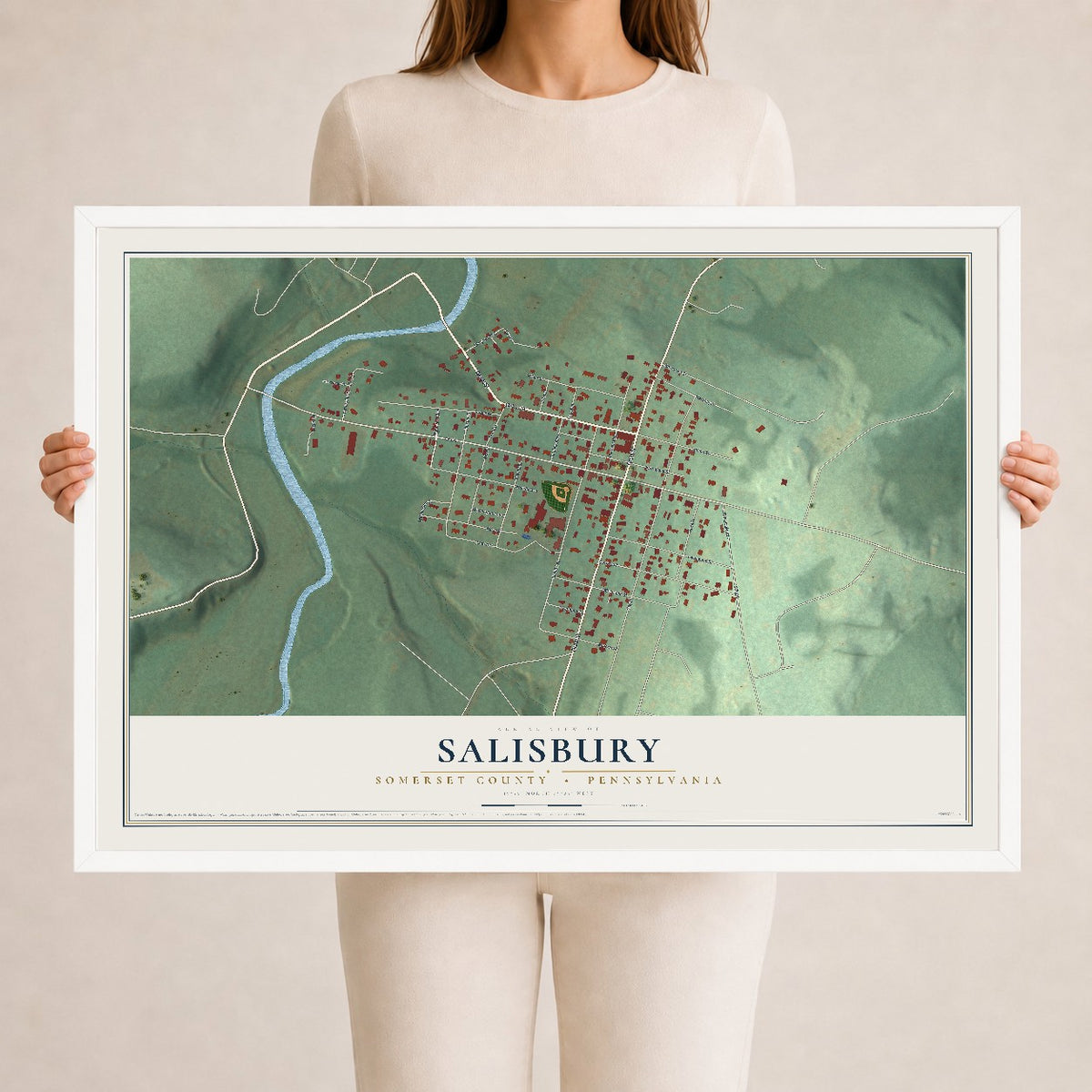 Map of Salisbury, Somerset County, Pennsylvania, 24 x 36 inch print in a white wood frame