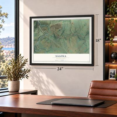 Salona, Pennsylvania map, 18 x 24 inch print in a black frame in a home office