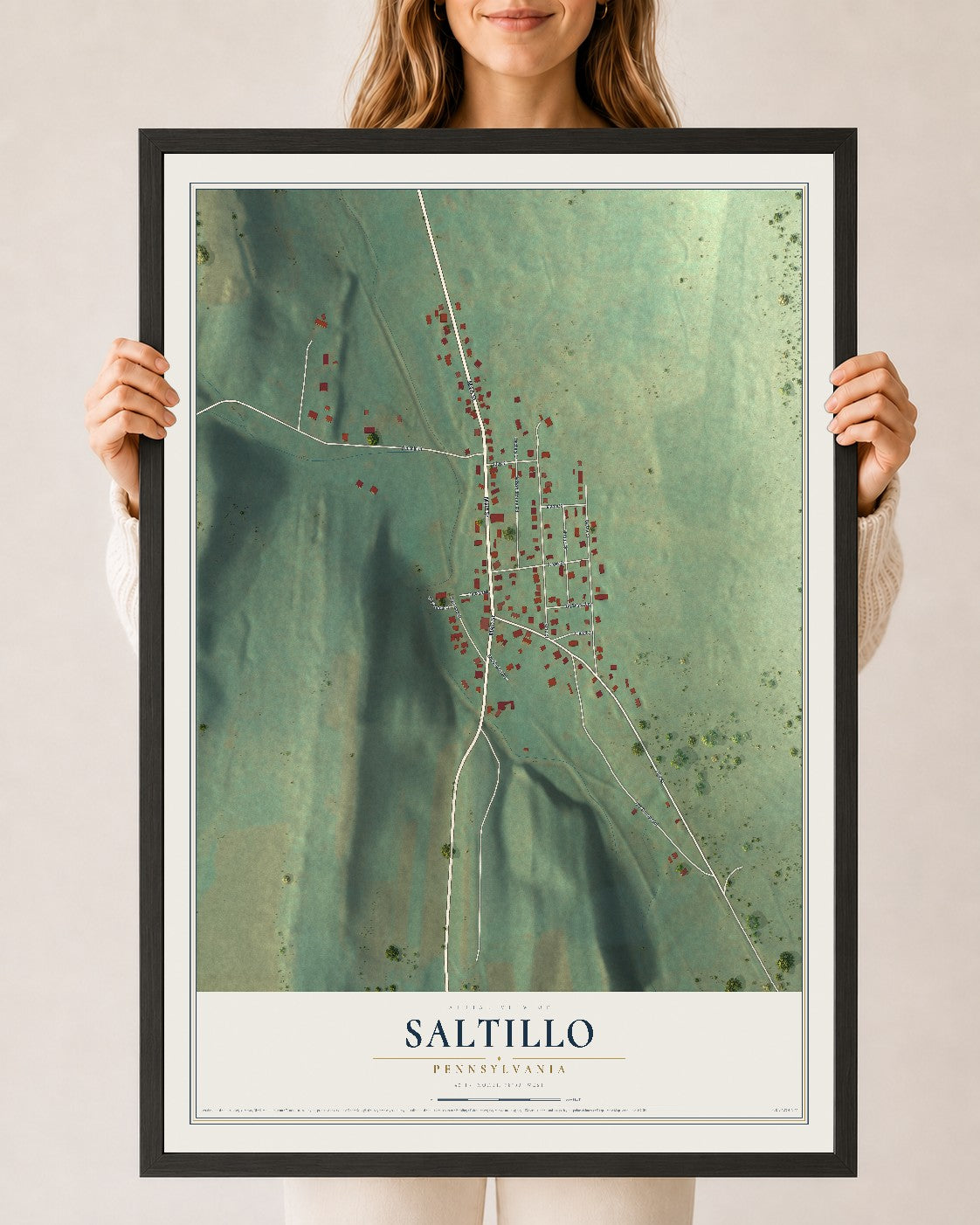 Map of Saltillo, Pennsylvania, 24 x 36 inch print in a black wood frame