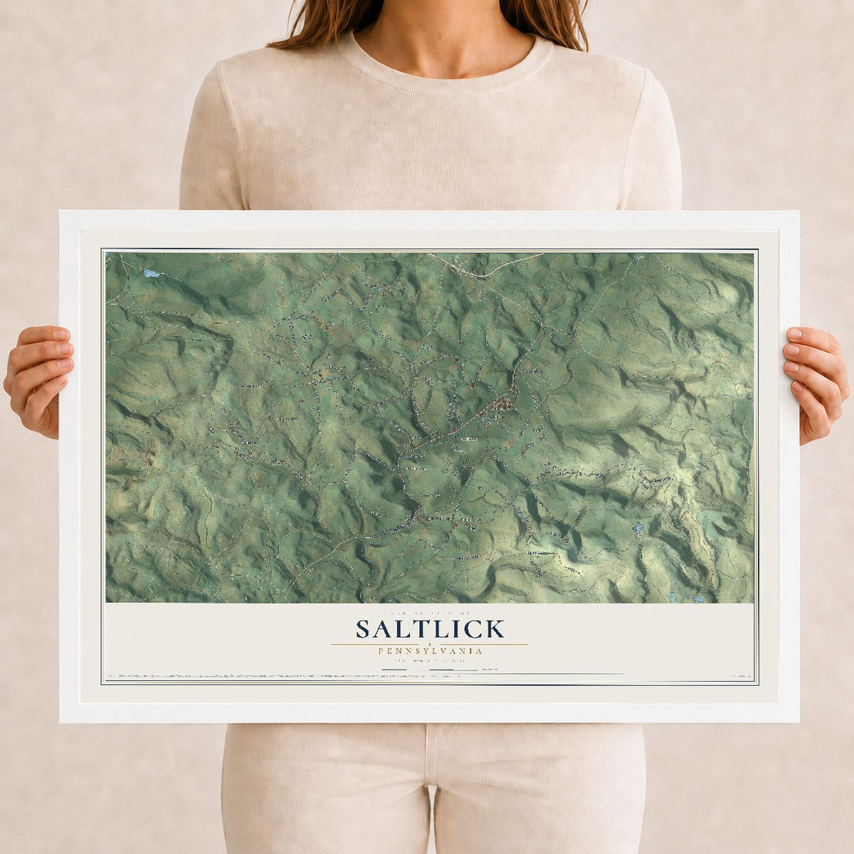 Map of Saltlick, Pennsylvania, 12 x 18 inch print in a white wood frame