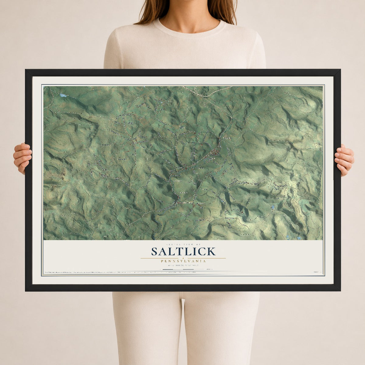 Map of Saltlick, Pennsylvania, 24 x 36 inch print in a black wood frame