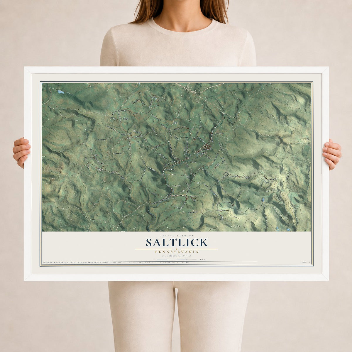 Map of Saltlick, Pennsylvania, 24 x 36 inch print in a white wood frame