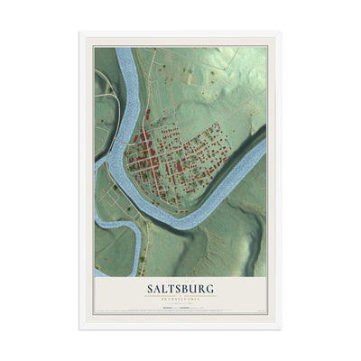 Map of Saltsburg, Pennsylvania, 12 x 18 inch print in a white wood frame