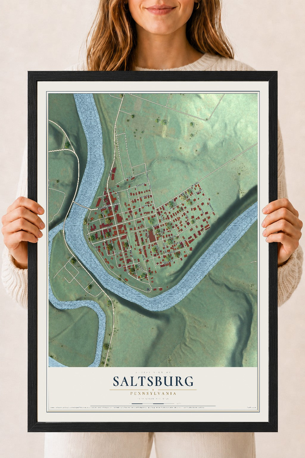 Map of Saltsburg, Pennsylvania, 18 x 24 inch print in a black wood frame