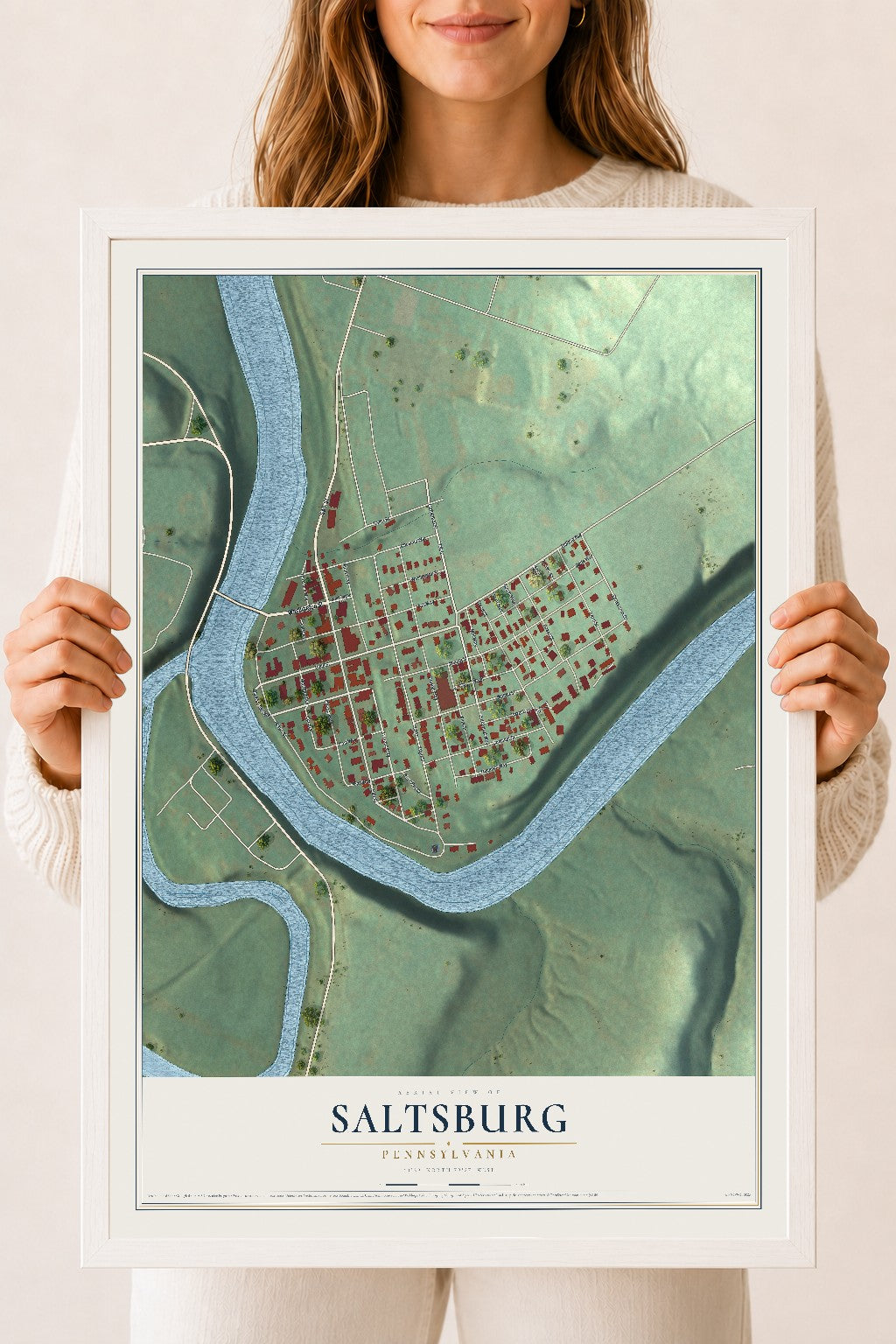 Map of Saltsburg, Pennsylvania, 18 x 24 inch print in a white wood frame