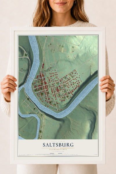 Map of Saltsburg, Pennsylvania, 18 x 24 inch print in a white wood frame