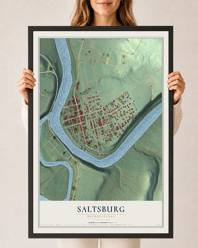 Map of Saltsburg, Pennsylvania, 24 x 36 inch print in a black wood frame