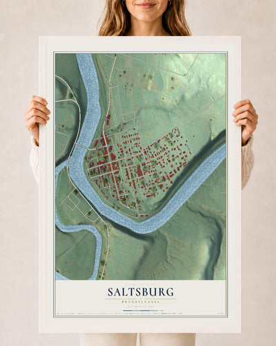 Map of Saltsburg, Pennsylvania, 24 x 36 inch print in a white wood frame